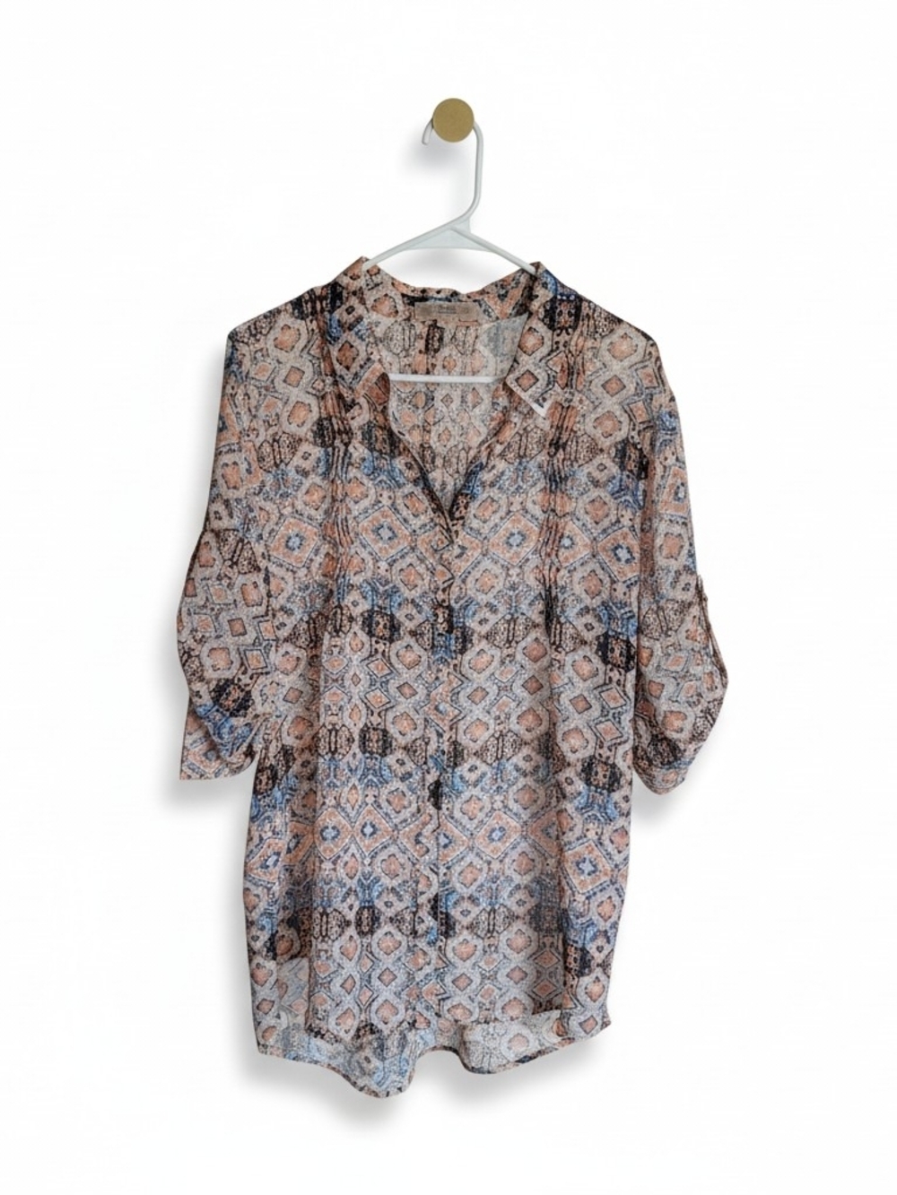 Vintage America Geometric Print Roll-Tab Blouse - Beige Blue Brown